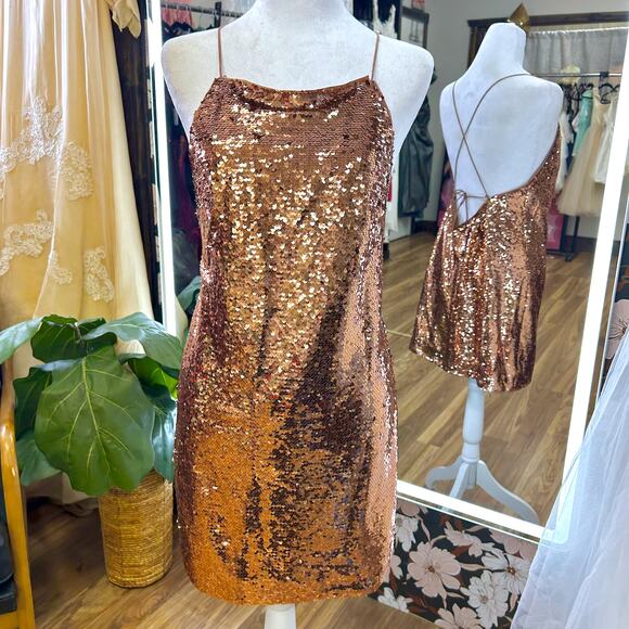 Y2K Vintage Bronze Sequin Mini Swing Dress XS S Holiday Cocktail clubwear NYE - Picture 2 of 8
